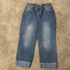 Blue Wide Leg Cropped Pants with Cuffs